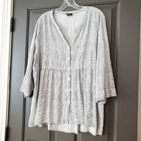 JONES NEW YORK Womens Blouse Size 2X Black & White Stripes Roll Tab Sleeve Top - Picture 3 of 13